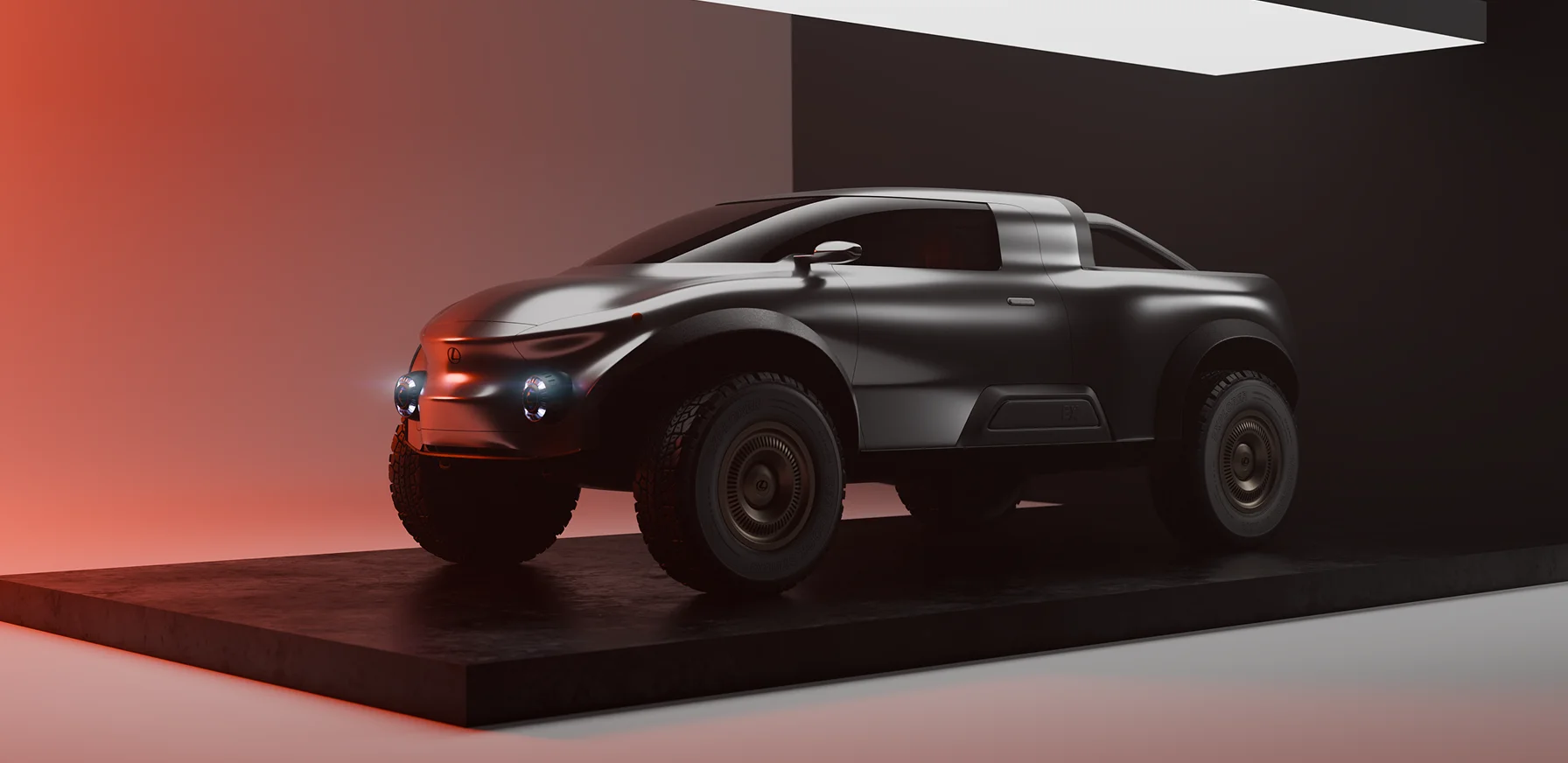 Angled view of a black Lexus concept pickup truck with large off-road tires and glowing headlights, displayed on a dark platform with red and black background lighting.