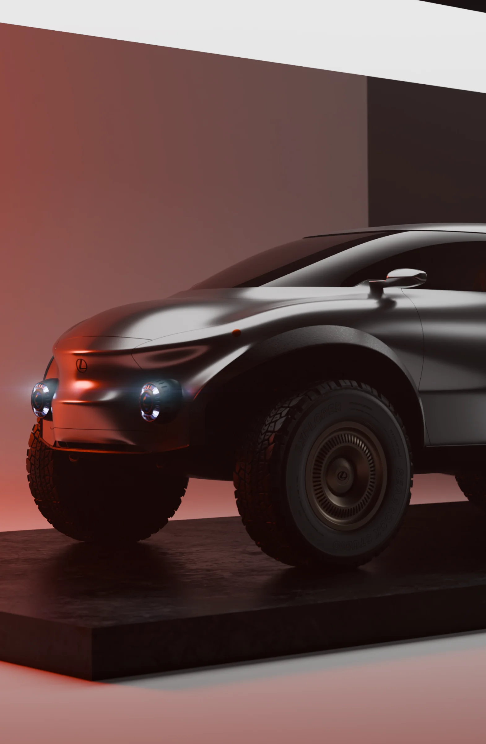 Angled view of a black Lexus concept pickup truck with large off-road tires and glowing headlights, displayed on a dark platform with red and black background lighting.