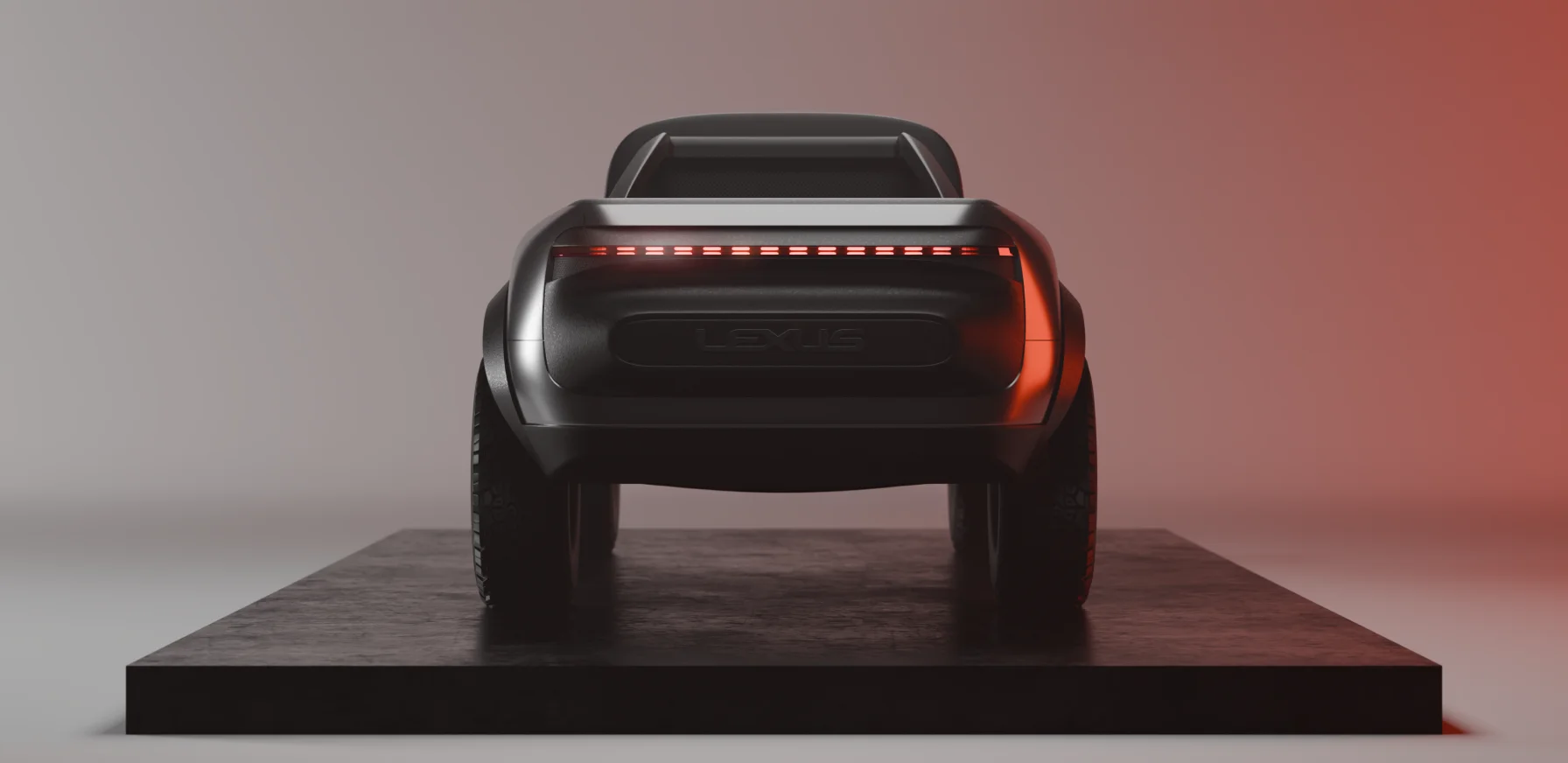 Rear view of the Lexus EX Concept, showing its wide stance, sculpted body, and a slim horizontal LED taillight illuminated in red.