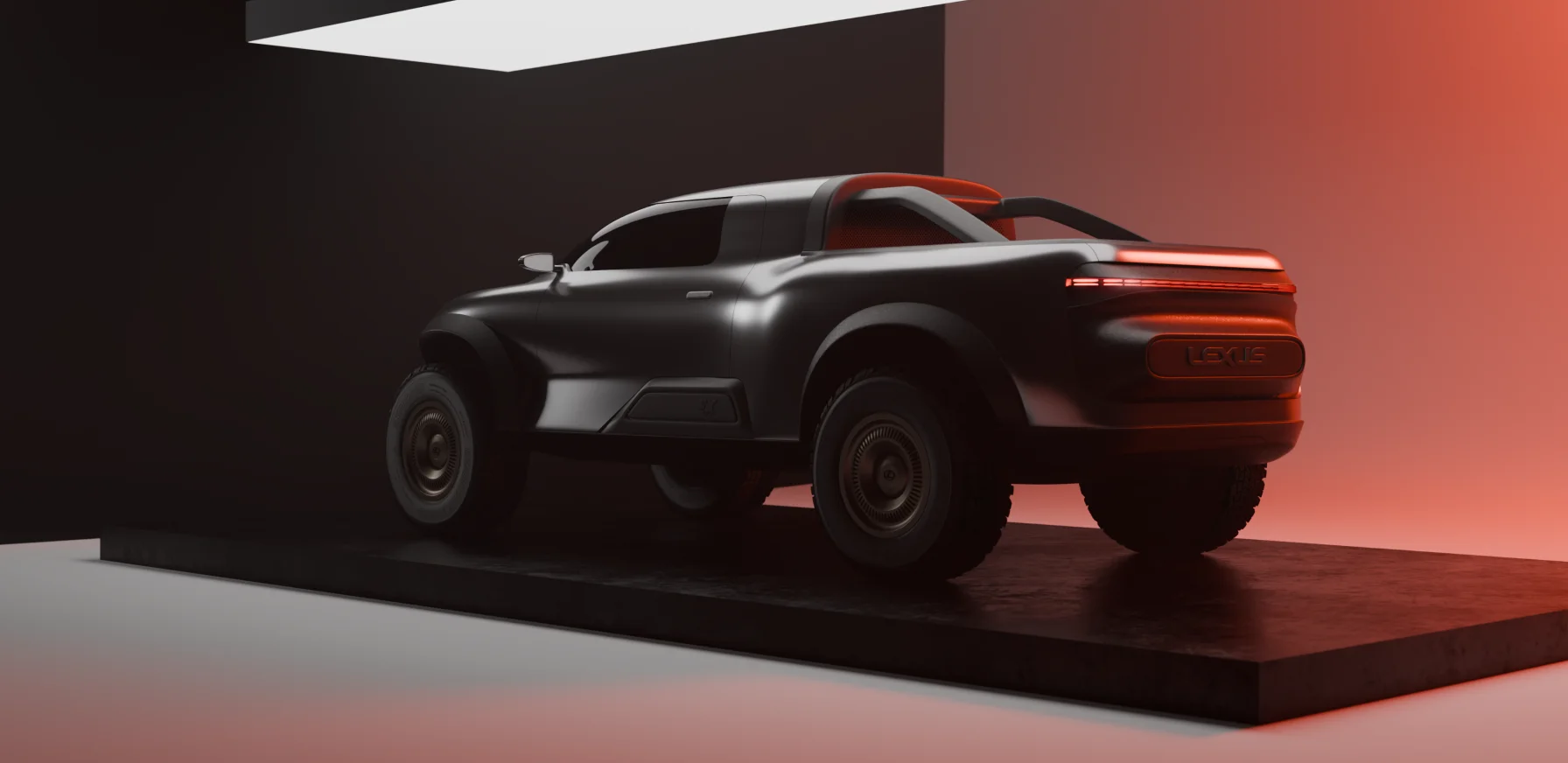Rear angle view of the Lexus EX Concept, a black pickup-style vehicle with wide tires, sculpted bodywork, and sleek LED tail lights, displayed on a dark platform with red accent lighting.