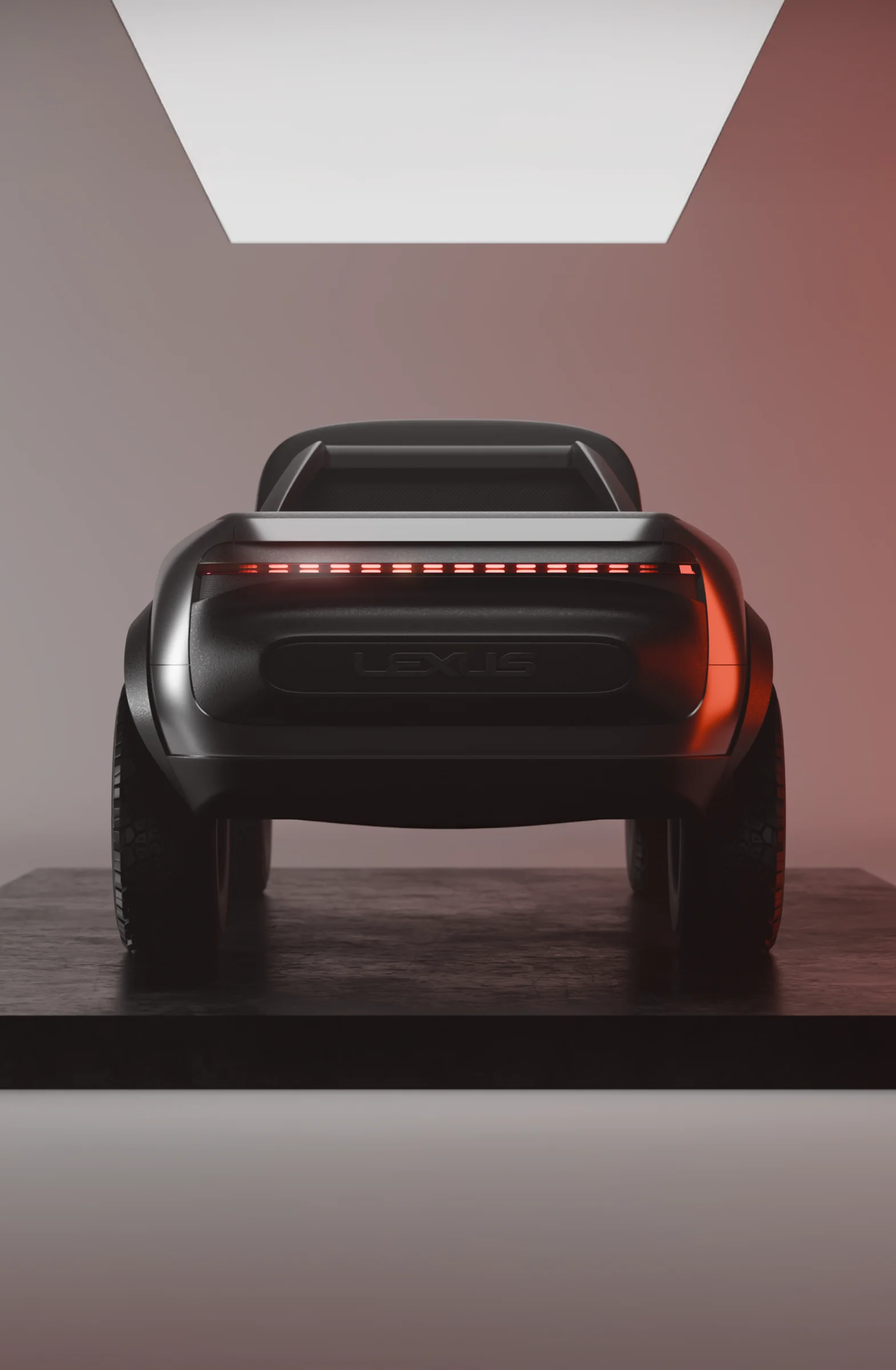 Rear view of the Lexus EX Concept, showing its wide stance, sculpted body, and a slim horizontal LED taillight illuminated in red.