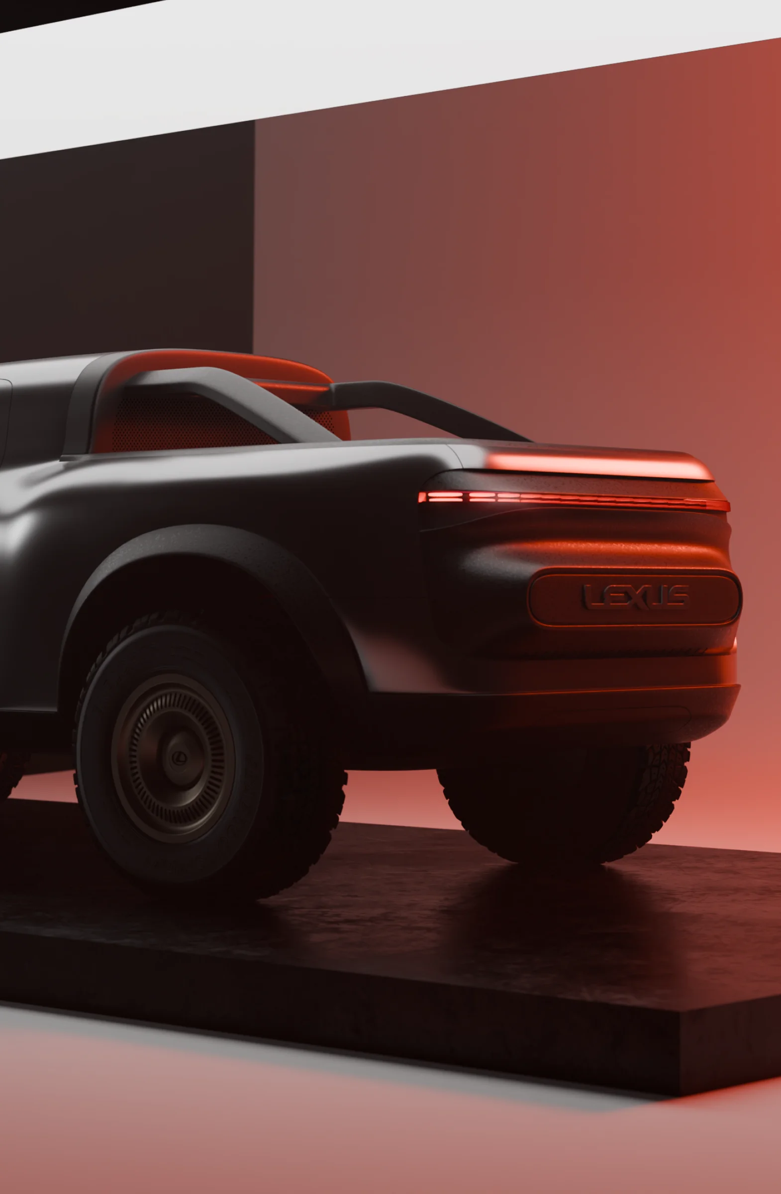 Rear angle view of the Lexus EX Concept, a black pickup-style vehicle with wide tires, sculpted bodywork, and sleek LED tail lights, displayed on a dark platform with red accent lighting.