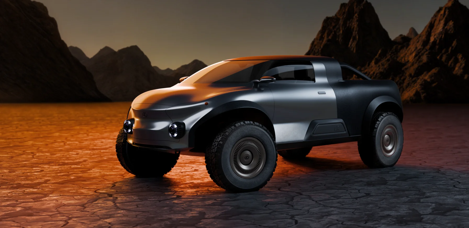 Lexus EX Concept pickup truck parked on cracked desert ground with mountains in the background, lit by a warm sunset glow.