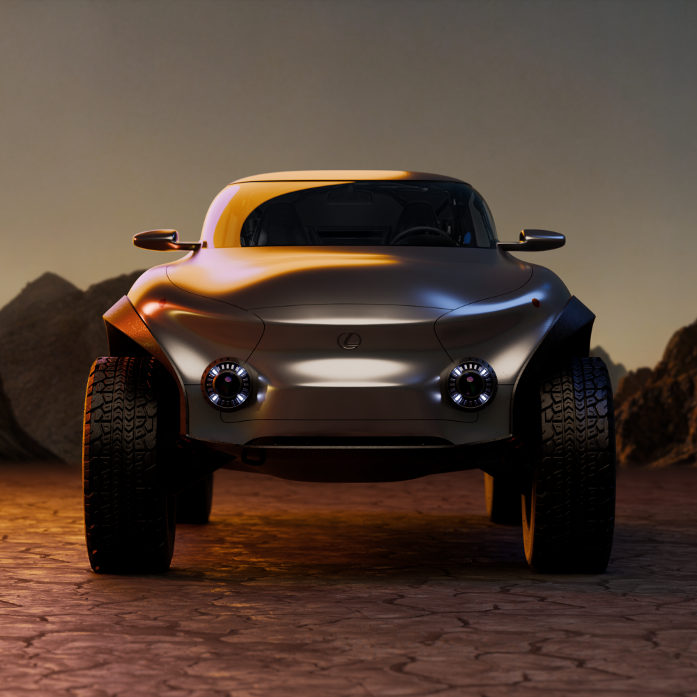 Rear three-quarter view of the Lexus EX Concept pickup on a desert road at sunset, showing its wide tires, sculpted body, and illuminated rear light bar.