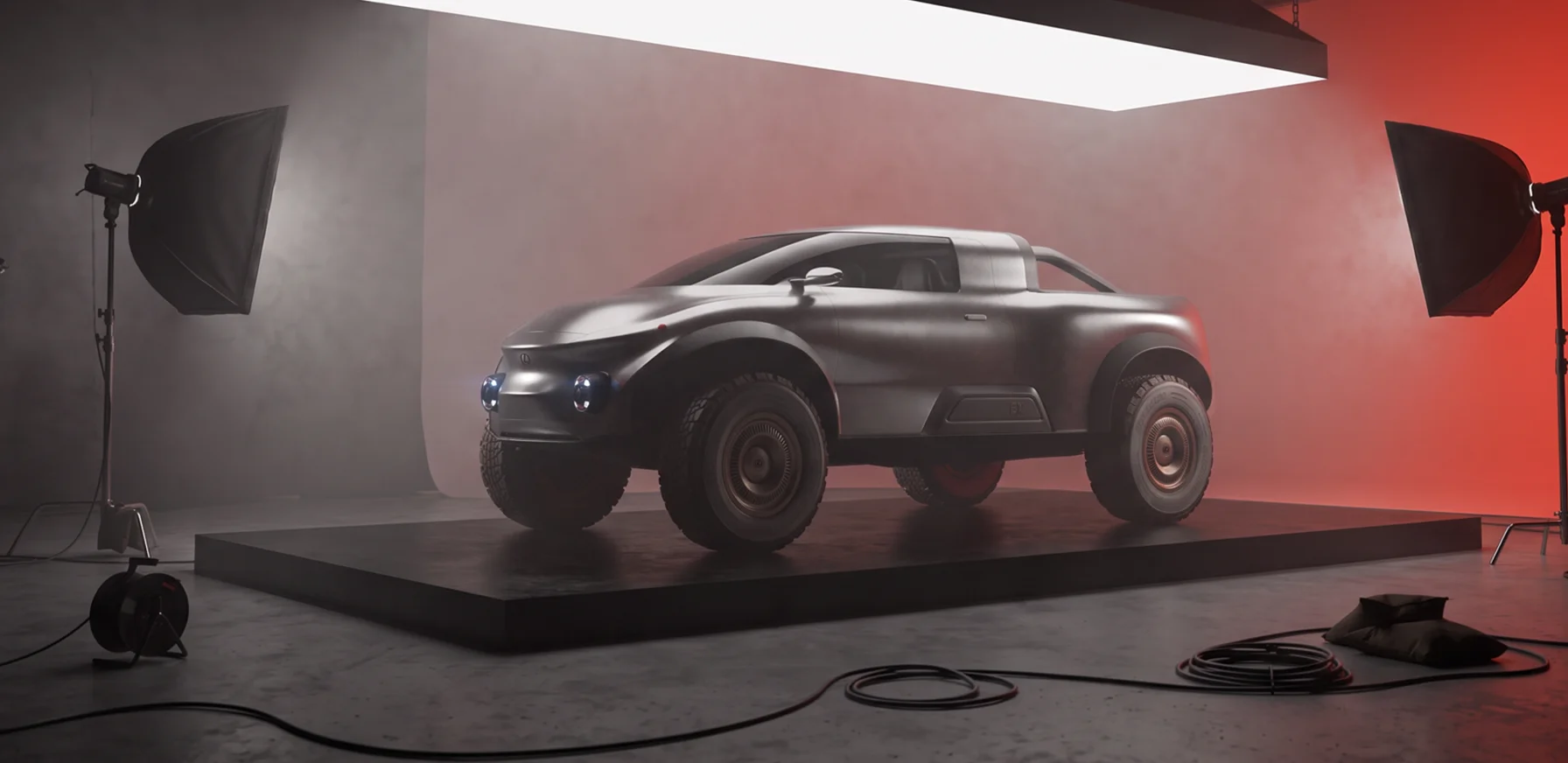 Side view of the Lexus EX off-road concept vehicle on a studio set during a behind-the-scenes photoshoot.