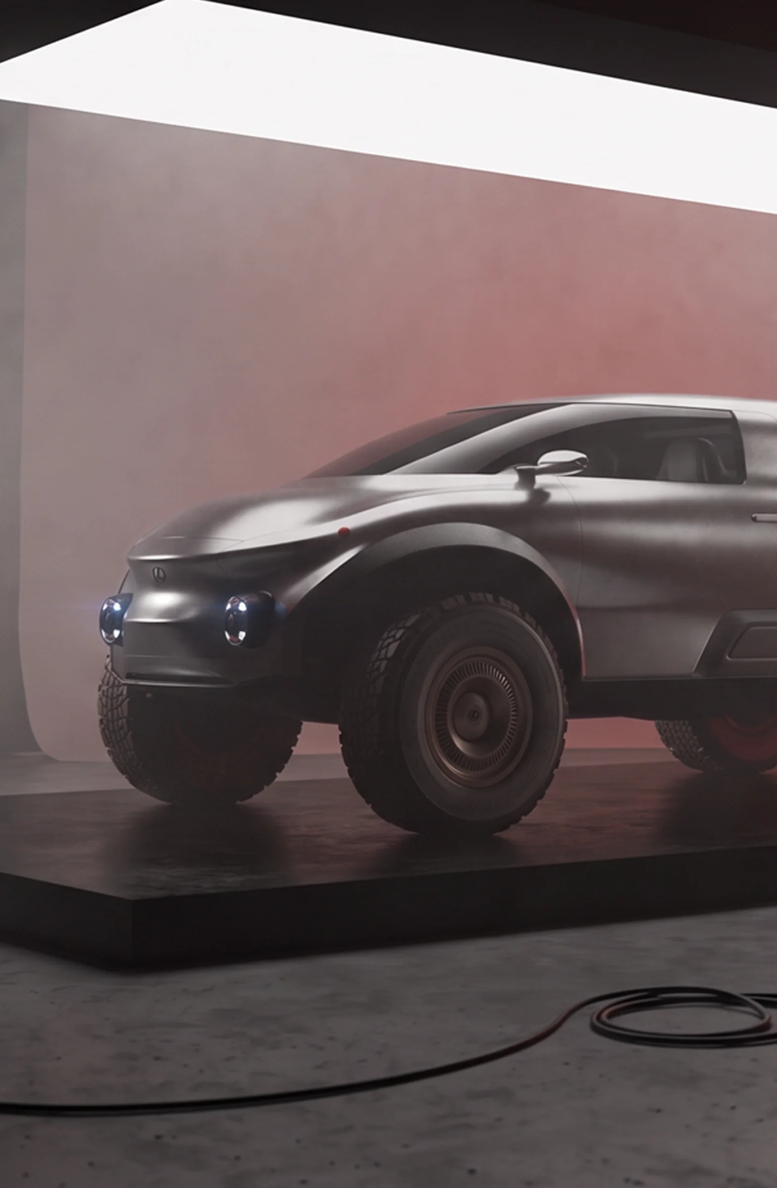Side view of the Lexus EX off-road concept vehicle on a studio set during a behind-the-scenes photoshoot.