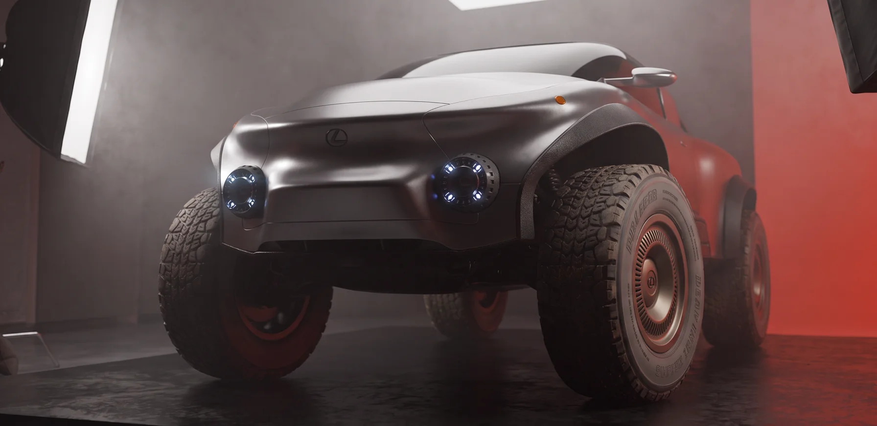 Low-angle front three-quarter view of the Lexus EX off-road concept vehicle on a studio set during a behind-the-scenes photoshoot.
