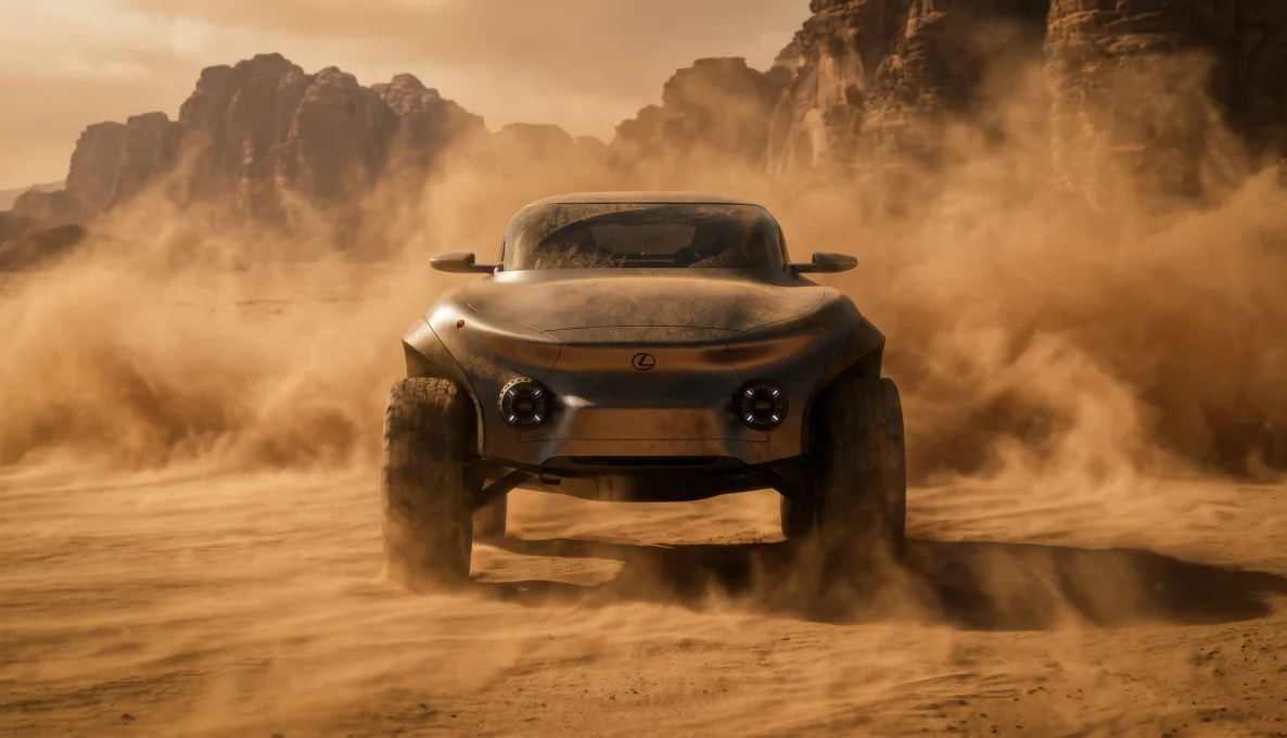 Lexus EX concept vehicle driving through a desert landscape, surrounded by swirling dust with rocky cliffs in the background.