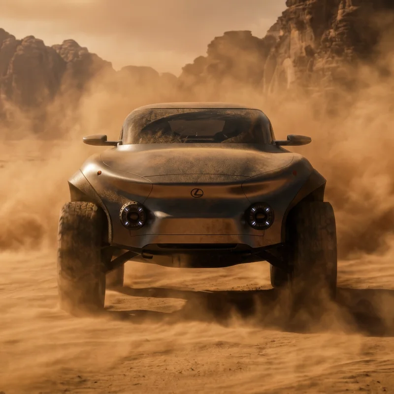 Lexus EX concept vehicle driving through a desert landscape, surrounded by swirling dust with rocky cliffs in the background.