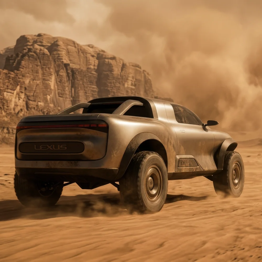 Rear three-quarter view of the Lexus EX off-road concept vehicle driving through a desert landscape, with dust clouds and rocky cliffs in the background.