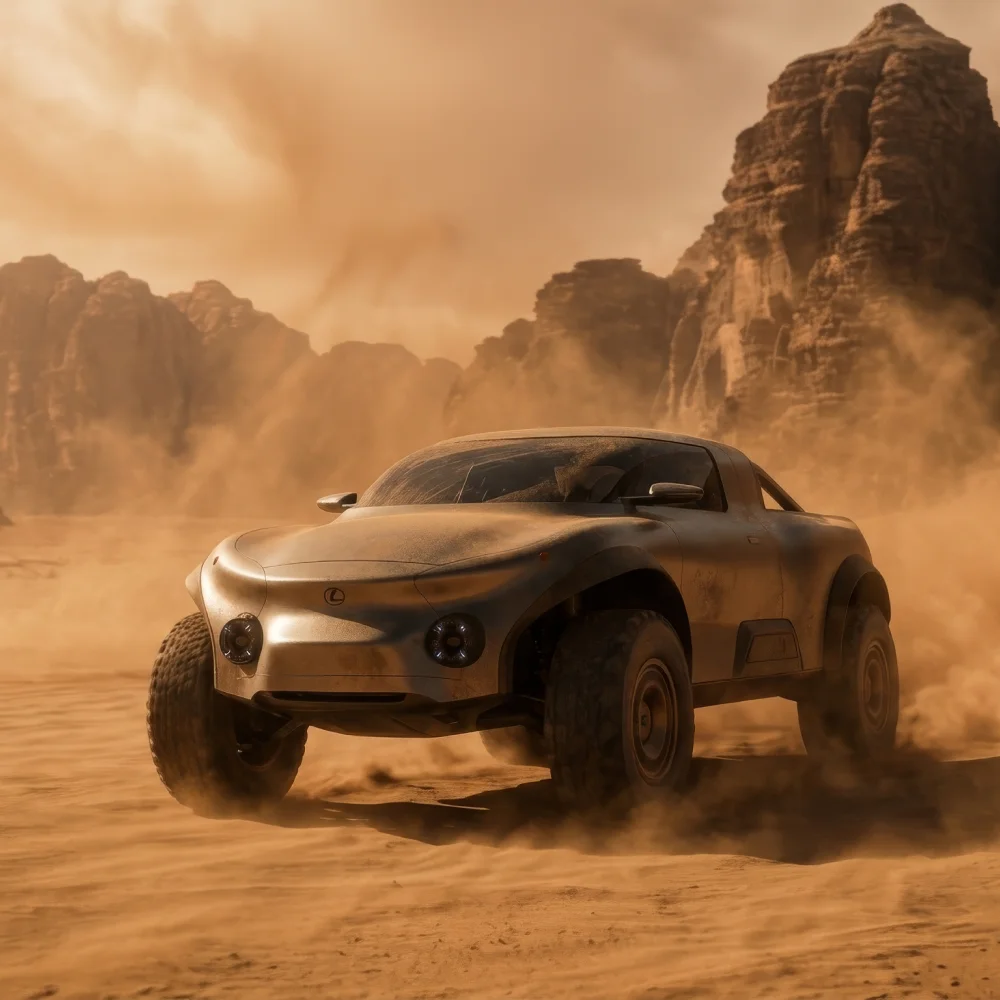 Front three-quarter view of the Lexus EX off-road concept vehicle driving through a desert landscape, surrounded by dust with rocky cliffs in the background.