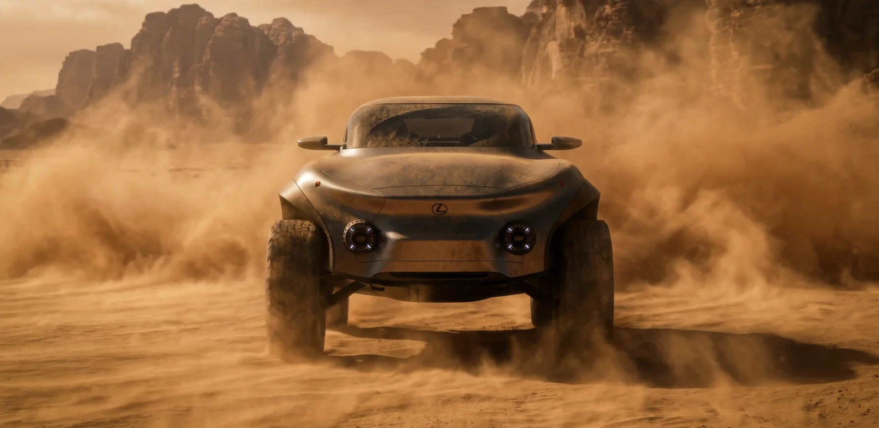 Front view of the Lexus EX off-road concept vehicle driving through a desert landscape, surrounded by swirling dust with rocky cliffs in the background.