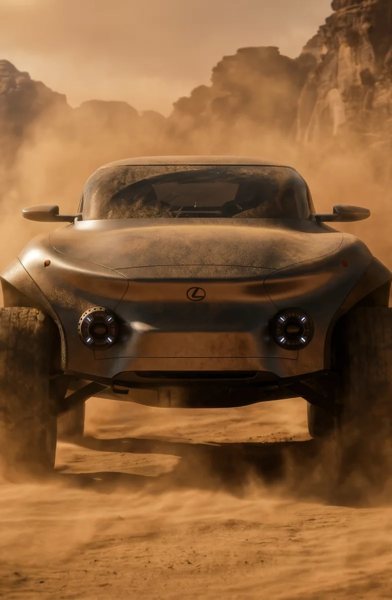 Front view of the Lexus EX off-road concept vehicle driving through a desert landscape, surrounded by swirling dust with rocky cliffs in the background.