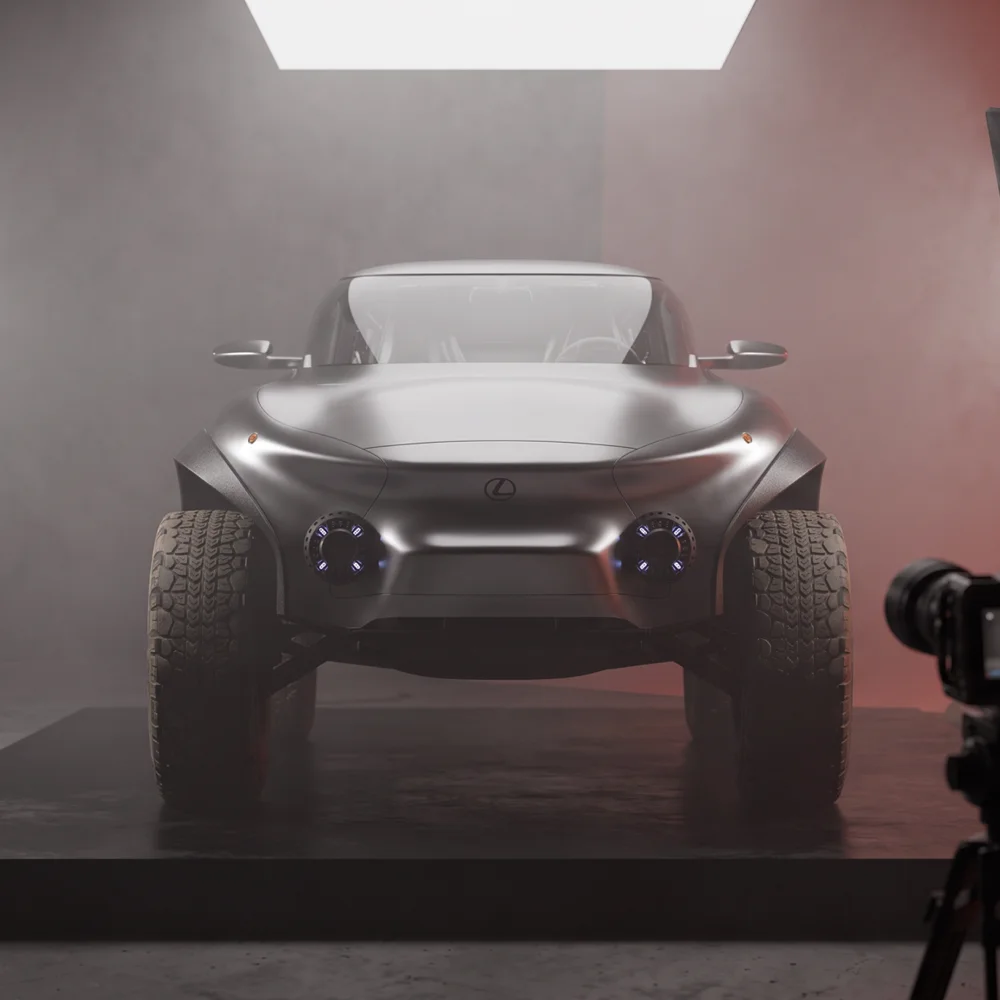 Behind the scenes oxf a studio photoshoot featuring the Lexus EX concept vehicle with professional lighting and a camera in the foreground.