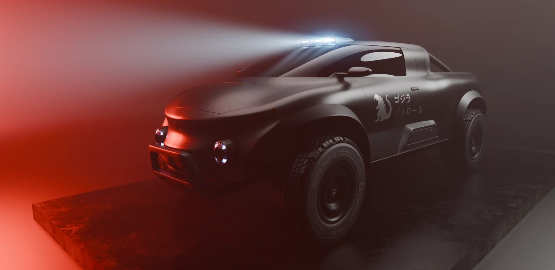 Side view of the Lexus EX Concept in a dark setting with red and white lights. The vehicle features large off-road tires, roof lights, and Japanese text with a Godzilla graphic on the door.