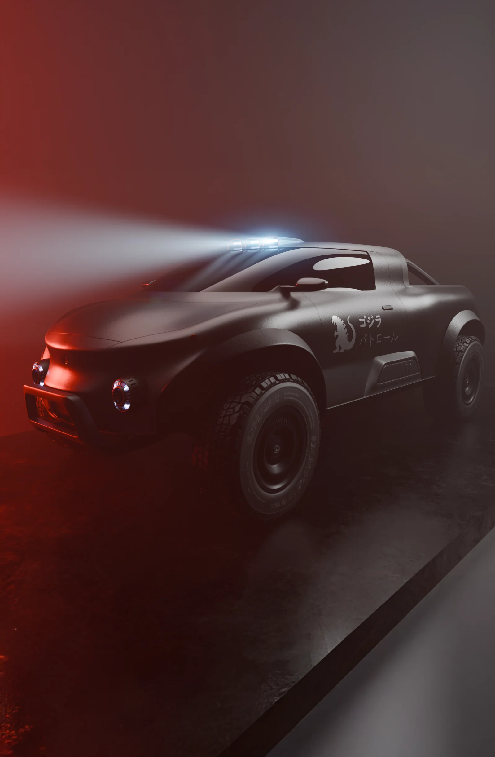 Side view of the Lexus EX Concept in a dark setting with red and white lights. The vehicle features large off-road tires, roof lights, and Japanese text with a Godzilla graphic on the door.