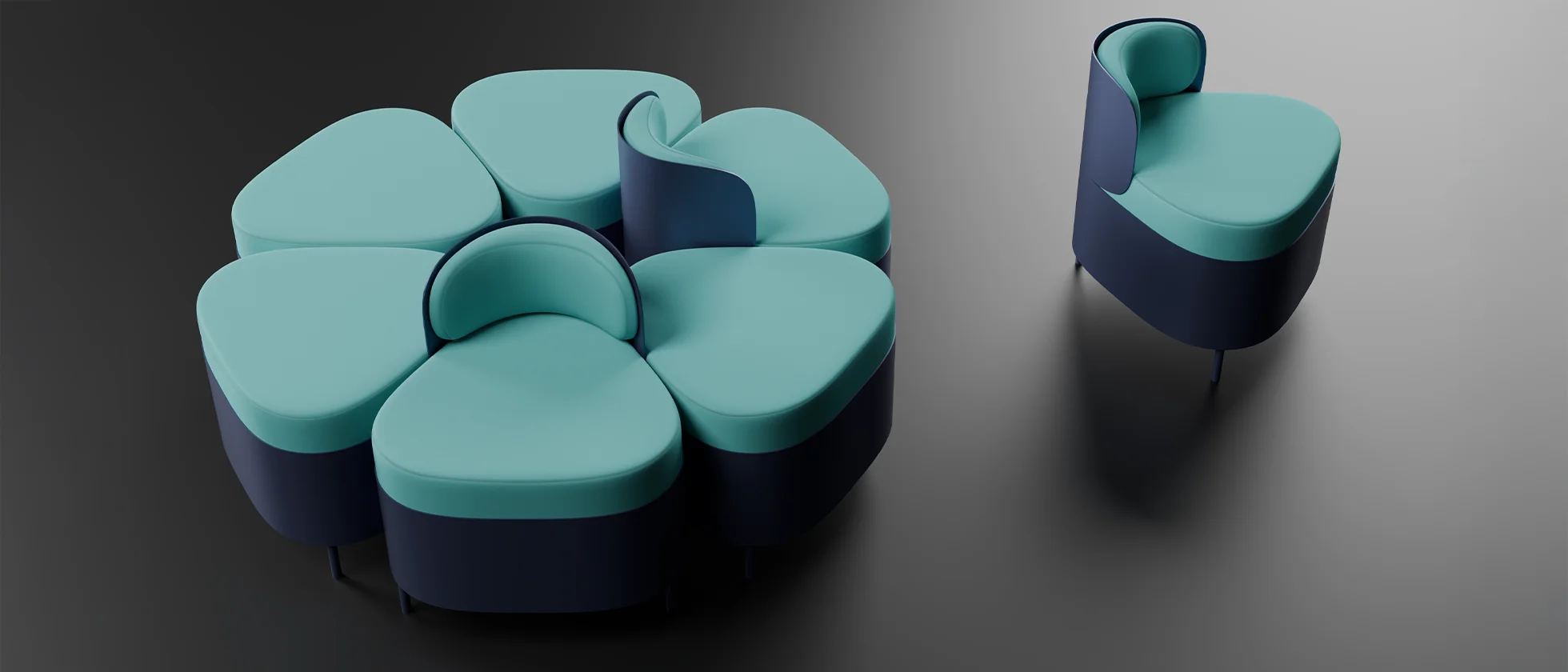 Modular lounge seating system consisting of curved chairs with turquoise upholstered seats and navy bases. One standalone chair sits to the right, while six are arranged in a circular flower-like formation on the left.