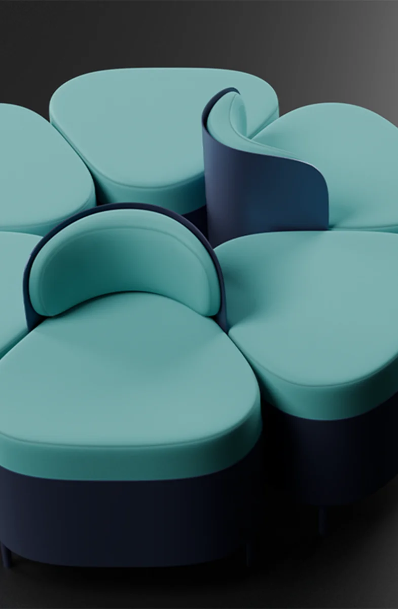 Modular lounge seating system consisting of curved chairs with turquoise upholstered seats and navy bases. One standalone chair sits to the right, while six are arranged in a circular flower-like formation on the left.