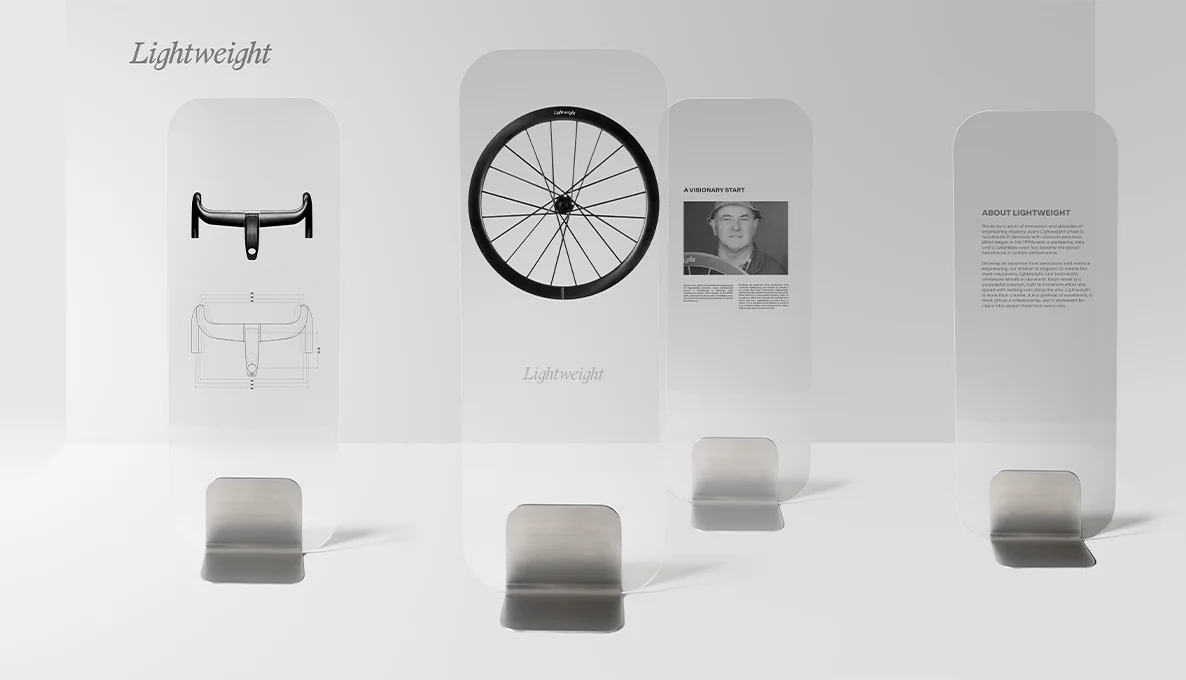 Clear acrylic display stands with metal bases showcasing Lightweight components, including a handlebar, MEILENSTEIN ART wheel, a founder portrait panel and a brand information panel.