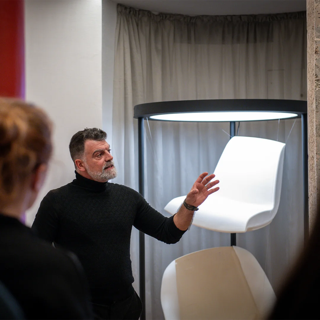 Designer Folco Orlandini presenting the development process behind Terra Lounge during an event at the LD Seating London showroom.